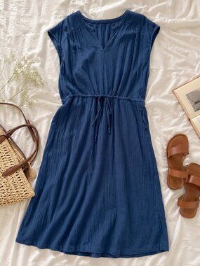 PACT Organic Cotton Gauze Midi Dress XXL Blue Boho Coastal Cottagecore Pockets